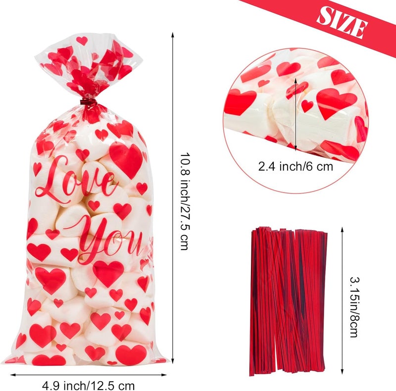 Litmitfu 100 Pcs Valentine Treat Bags - Red Heart Cellophane Goodie Bags, Clear Plastic Happy Valentine's Day Cello Candy Gift Bag With Twist Ties for Wedding Anniversary Party Favors Supplies - Image 3